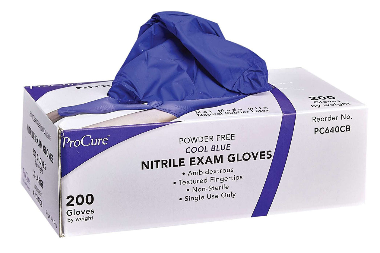 A box of ProCure Nitrile gloves, with one glove sticking out of the opening.