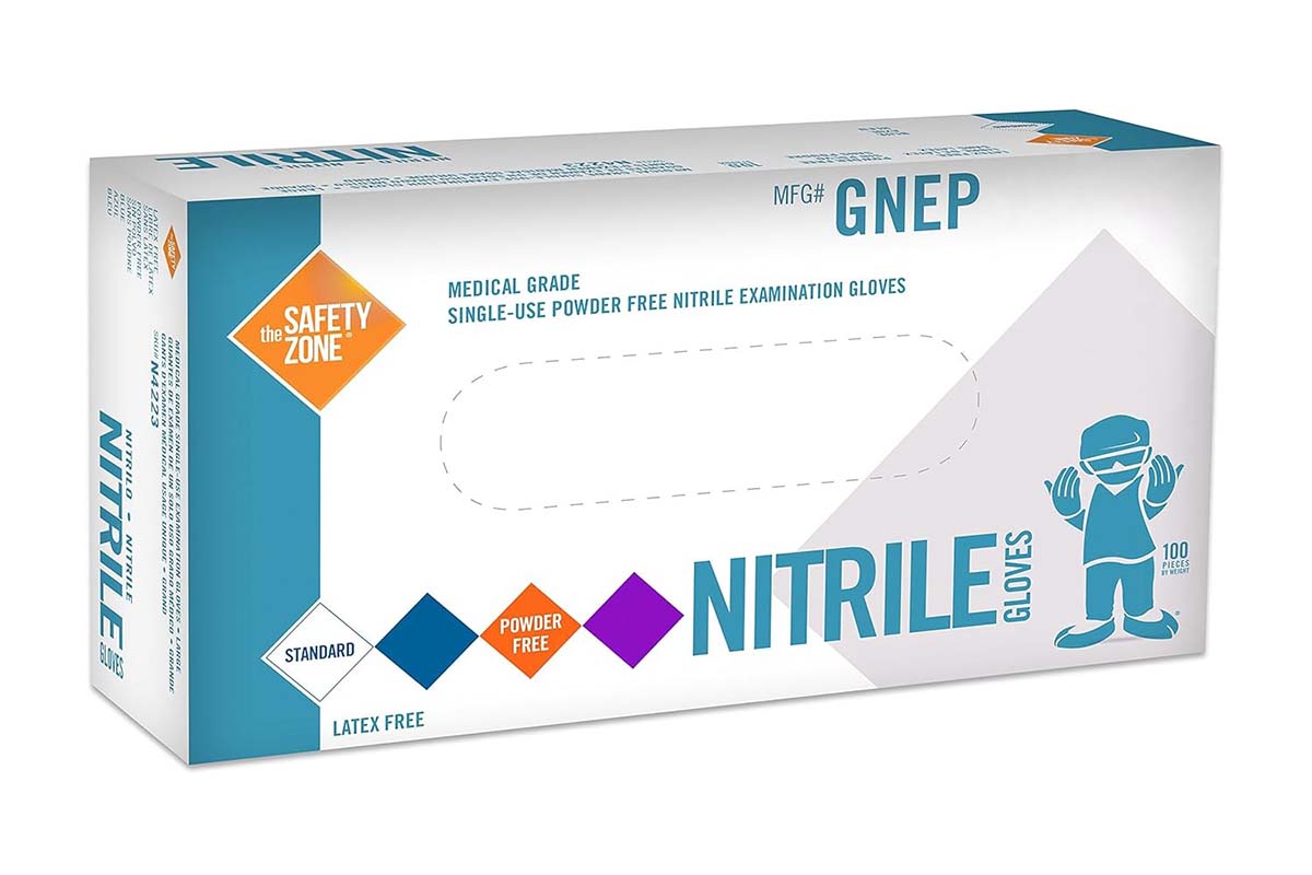 A box of Safety Zone Nitrile Gloves.