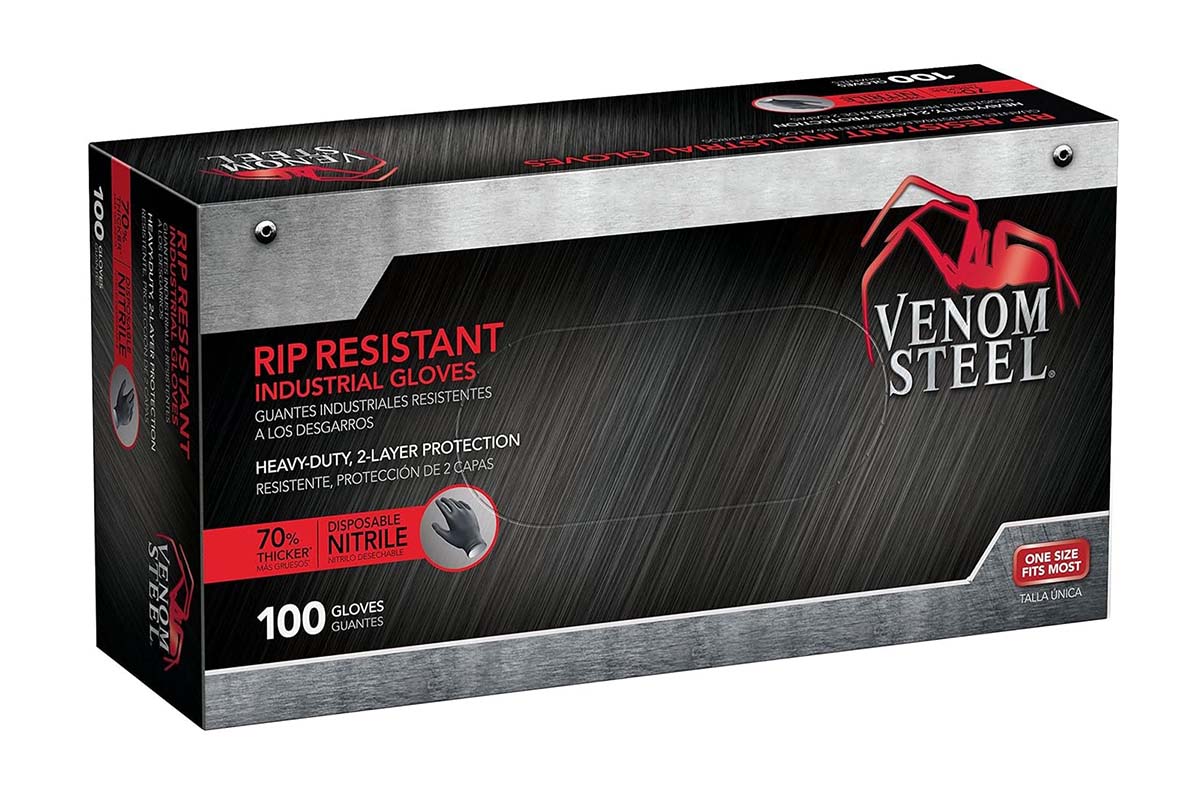 A box of Venom Steel Industrial Nitrile Gloves.