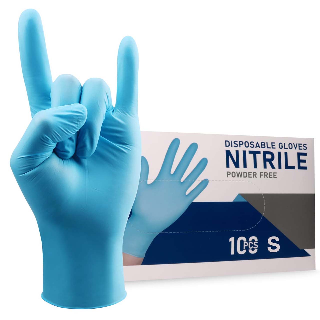 A blue gloved hand making the 'rock on' gesture in front of a box of Wostar Nitrile Gloves.