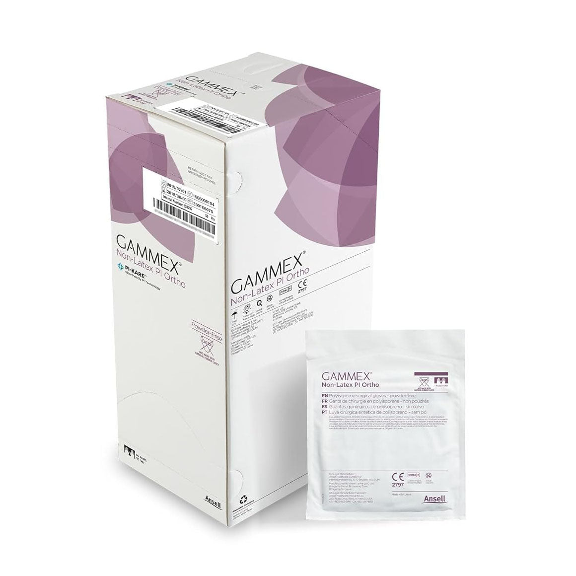 a box and a packet of Ansell Gammex Non-Latex PI Ortho sterile gloves