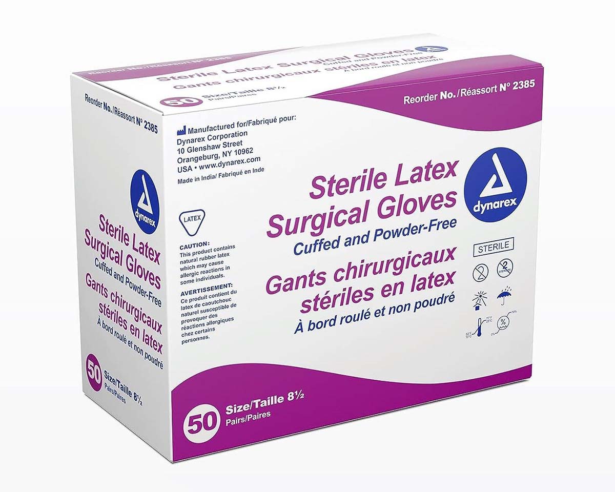 box of Dynarex Sterile Latex Surgical Gloves