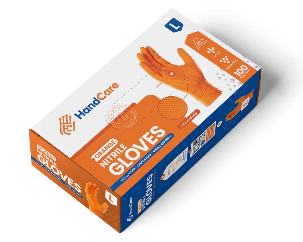 a box of HandCare Orange Nitrile Gloves