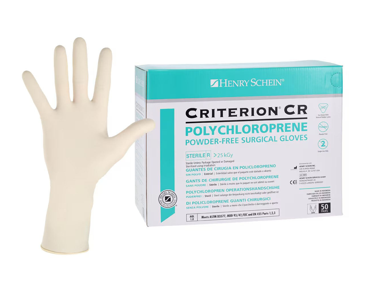 box of Henry Schein Criterion CR Polychloroprene Powder-Free Surgical Gloves and a right hand donning white gloves