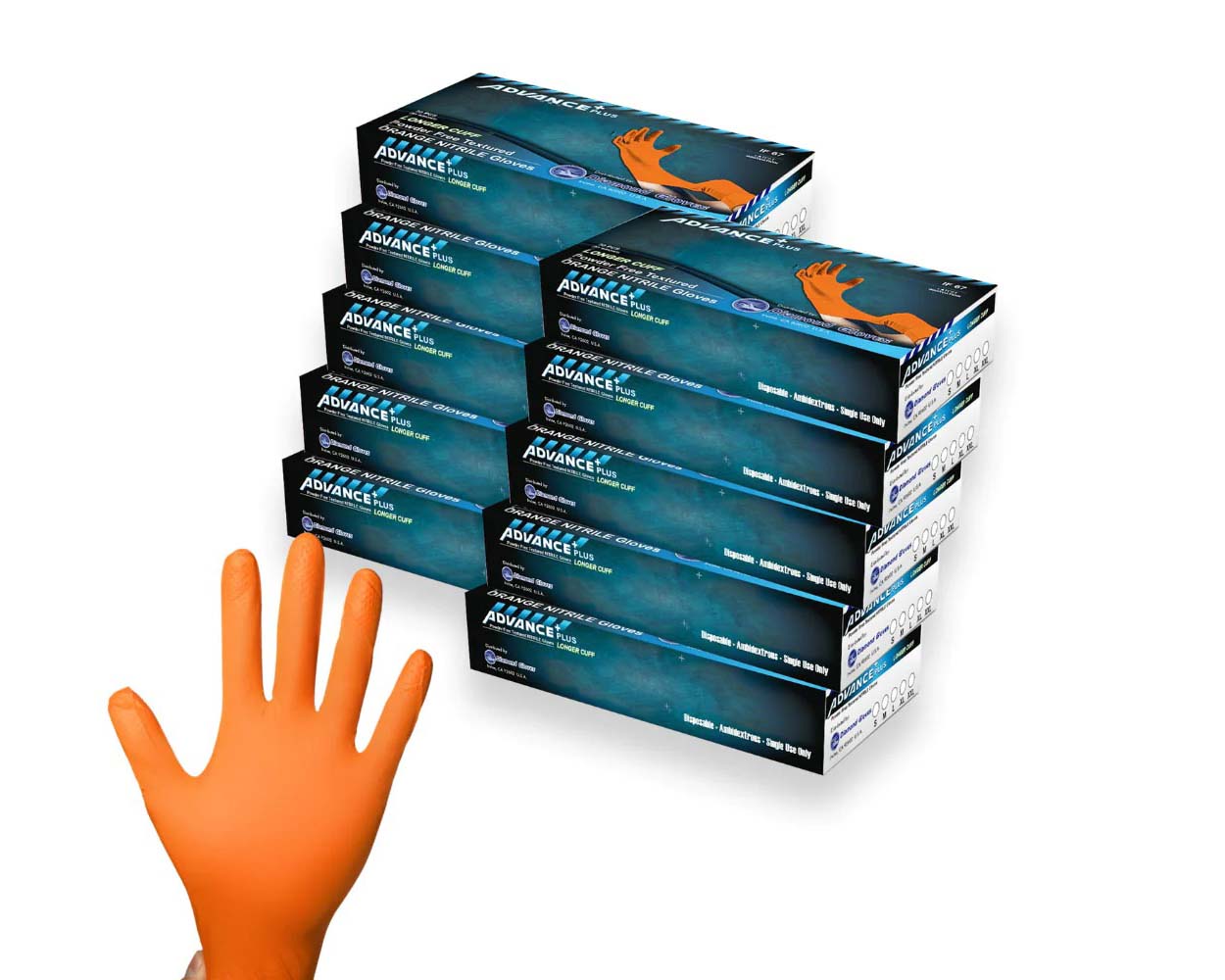 several stacked boxes of ADVANCE Plus Orange Powder Free Nitrile Gloves with a hand wearing gloves in orange color