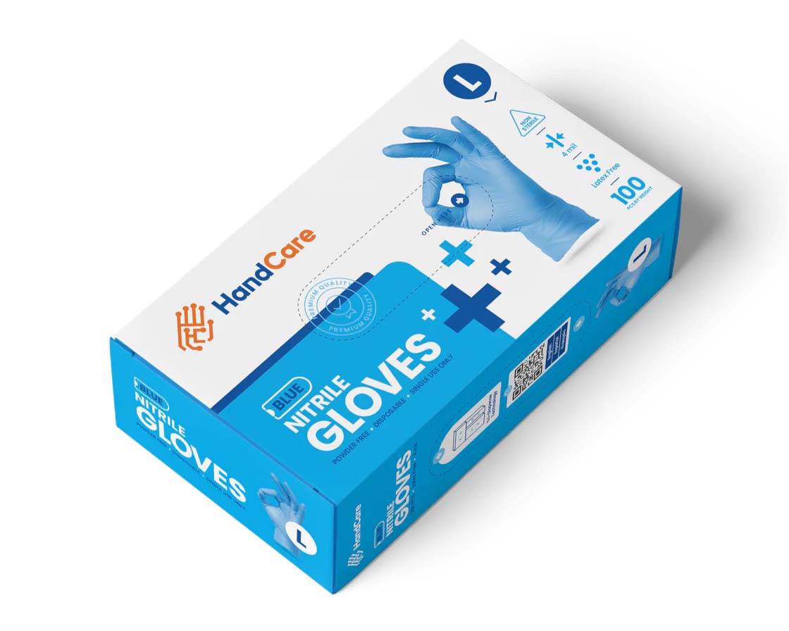 a box of HandCare Powder Free Nitrile Gloves in blue color