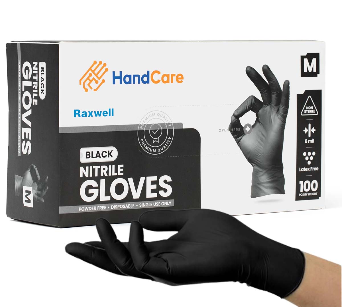 A hand and box displaying Hand Care Black Nitrile Gloves.