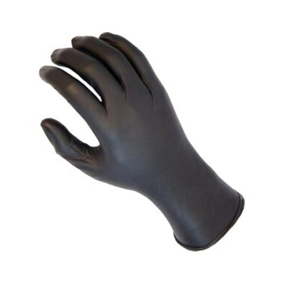 An extra-thick pair of black Safecare Heavy Duty nitrile gloves.