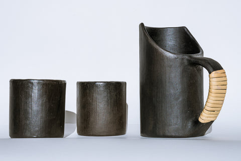 Longpi clay jug with matching cups, handmade, artisanal, artisan gift box