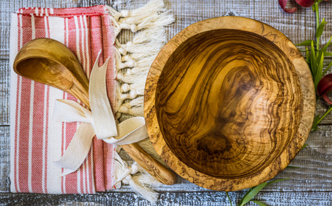 Artisan Box: Tunisia/Turkey :Olive Wood Salad/Soup Bowl, soup ladle and handwoven hand towel