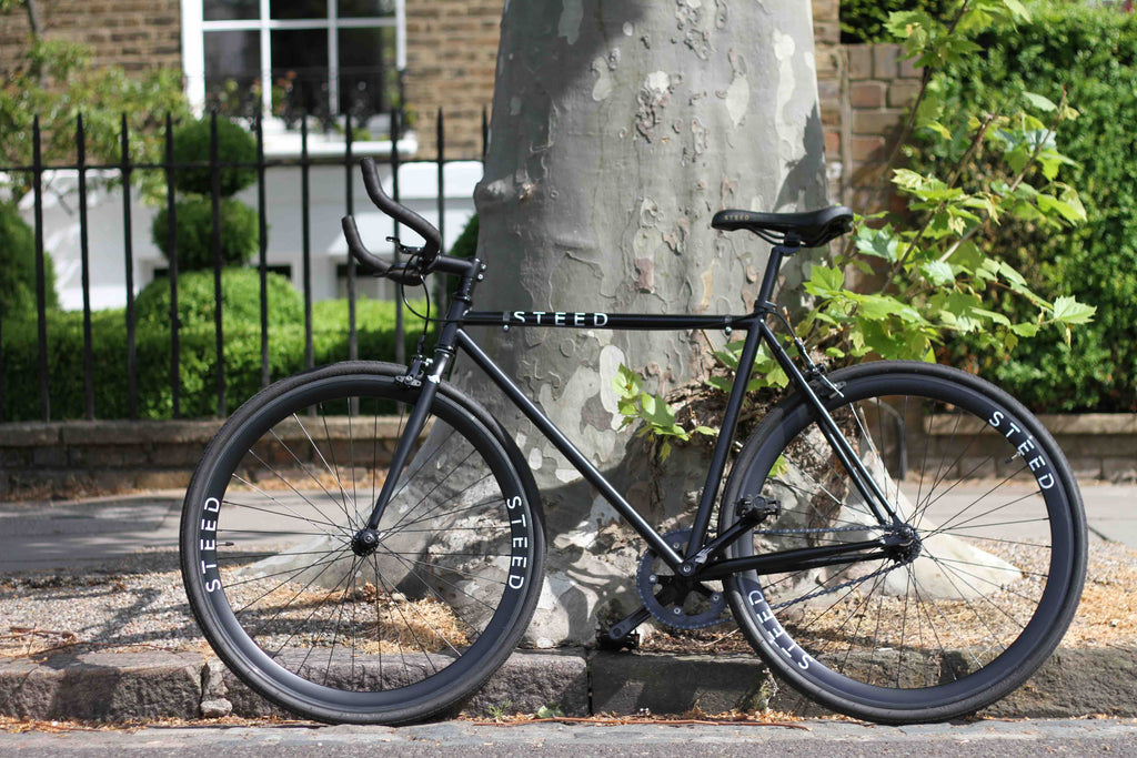 Black fixie bike against tree Steed Bike Stallion