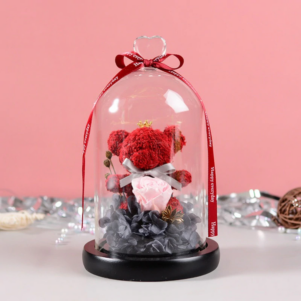 Rose Bear In Glass Dome