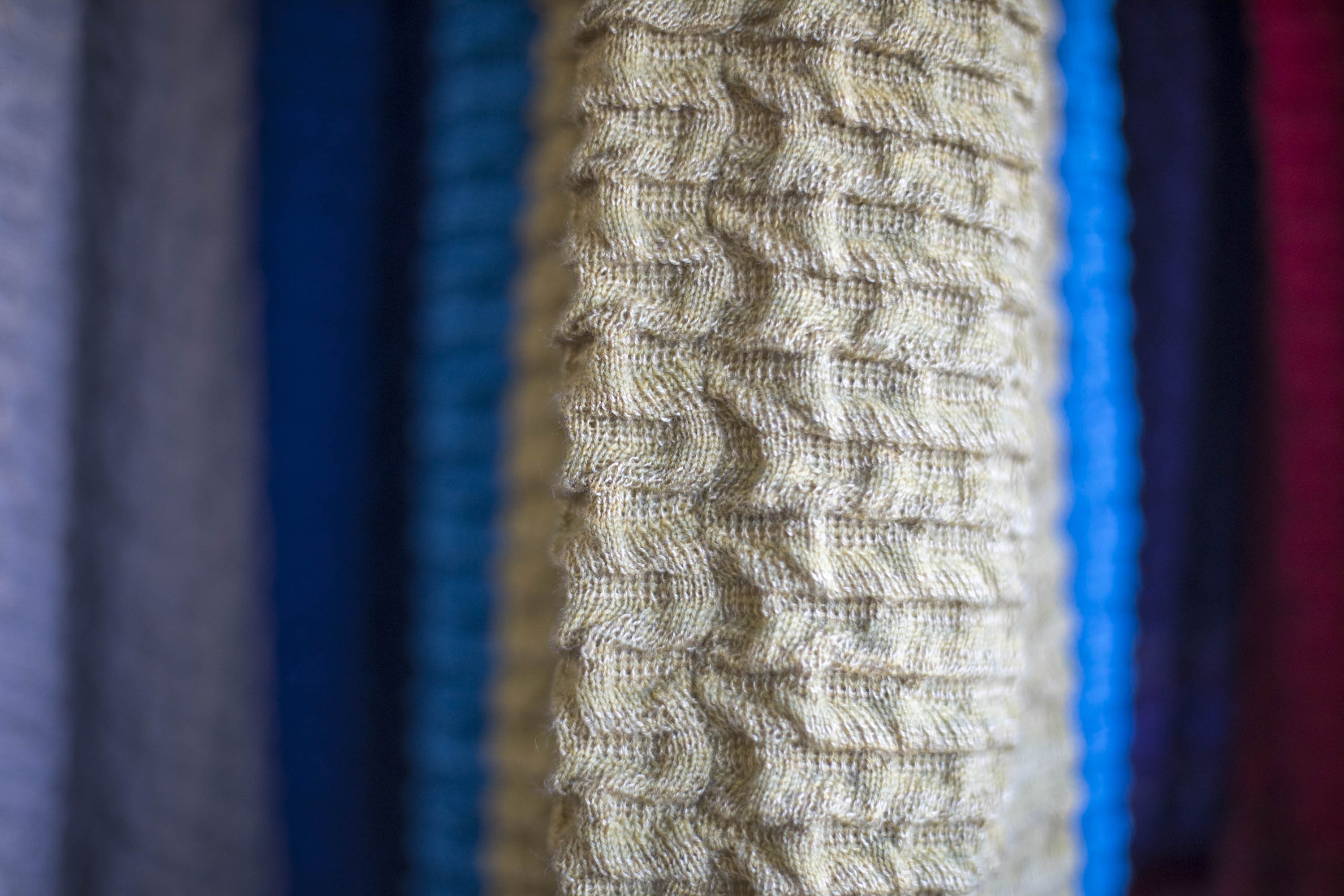 Close-up of Rigg Shetland knit textile in the Nielanell studio, Hoswick