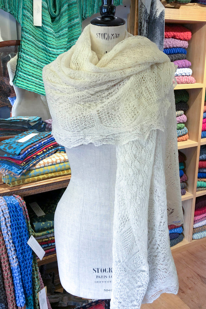 Fine knit Victorian hand-knit Shetland shawl in undyed white Shetland wool