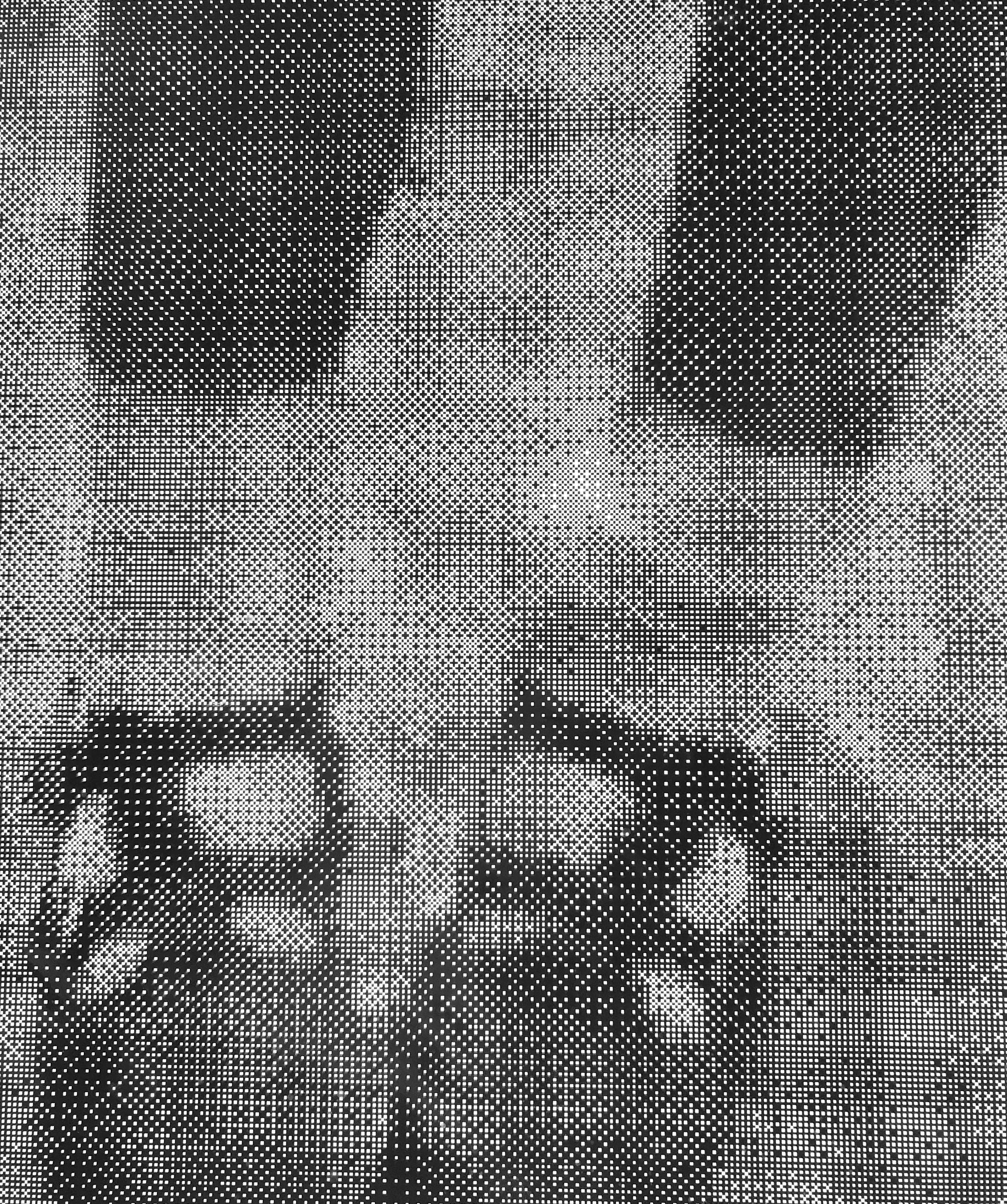 Black and white photograph of a young child's feet, with white socks and buckled shoes - the picture is converted into half tones