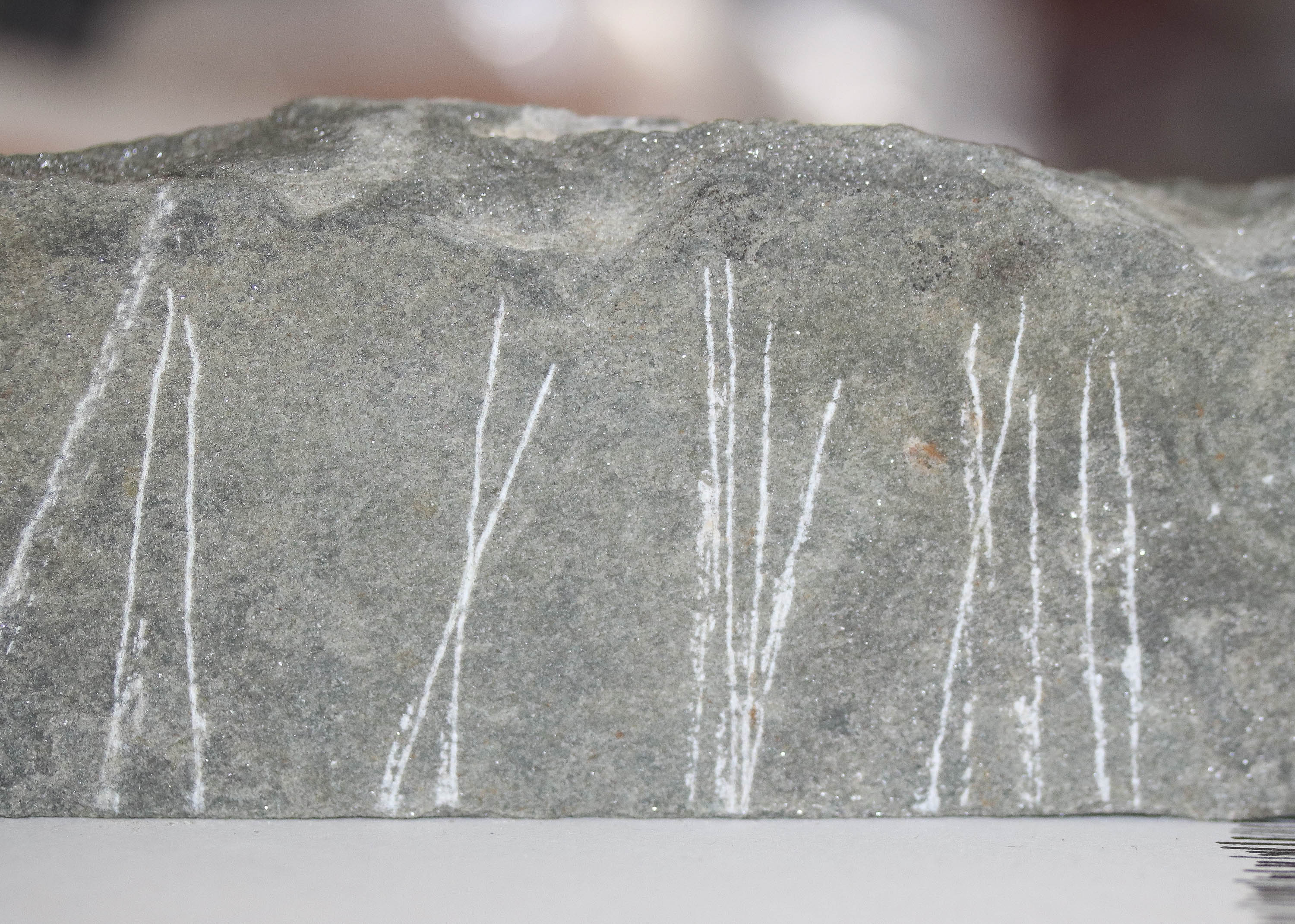 A shallow piece of stone marked along the edge with simple, vertical, linear marks made with another stone
