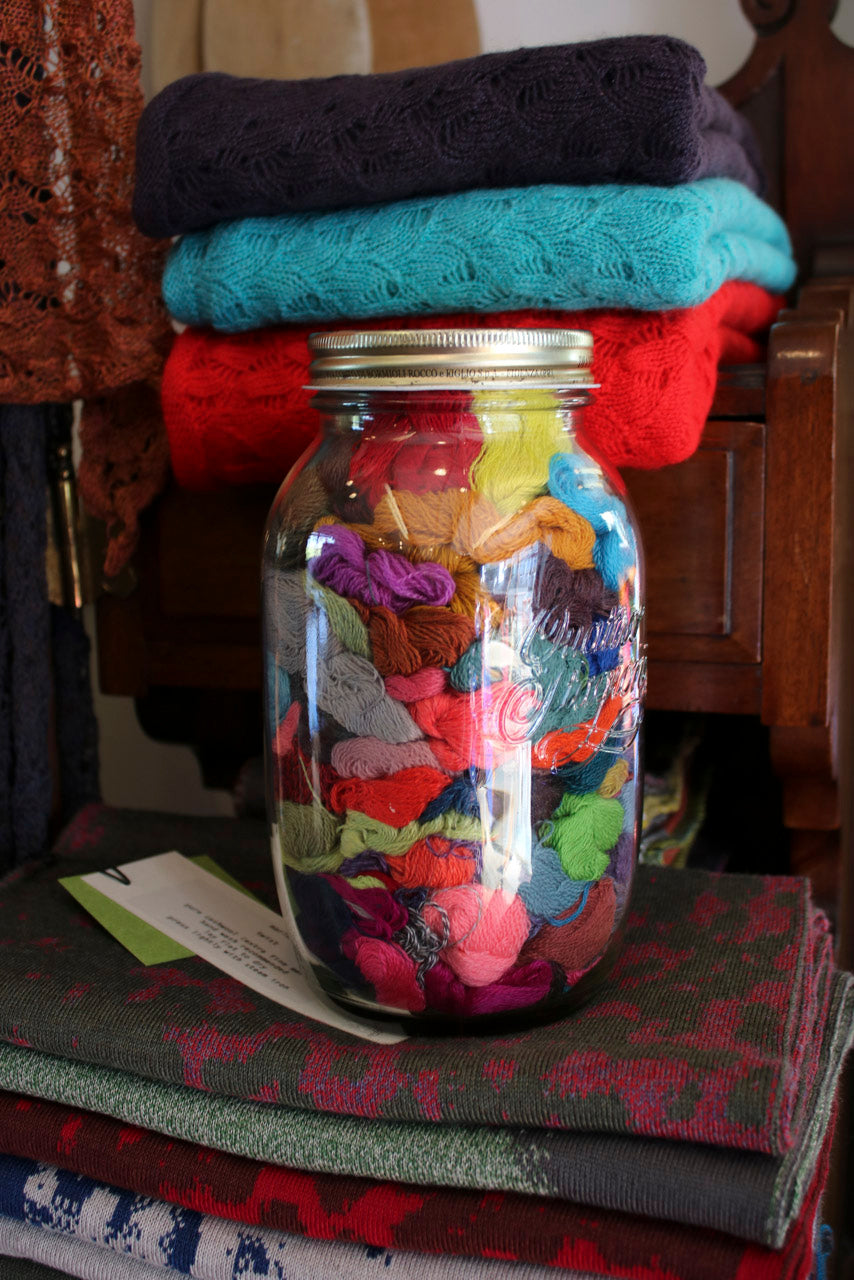 Cloos of yarn in a jar at the Nielanell studio, Hoswick