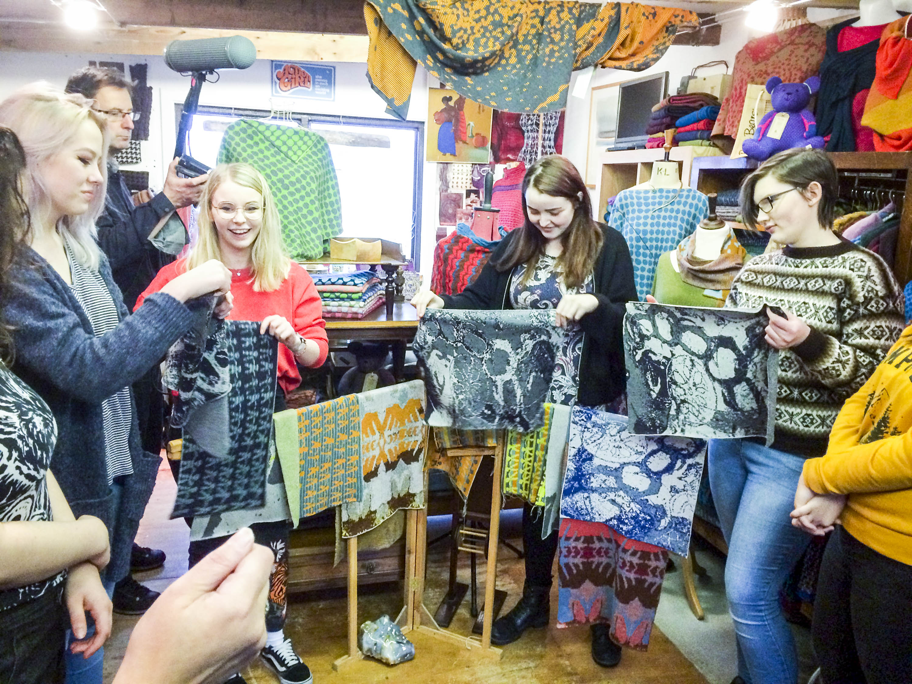 In the Nielanell studio, Shetland, the team for the Scottish Design Relay show swatches of their knit designs