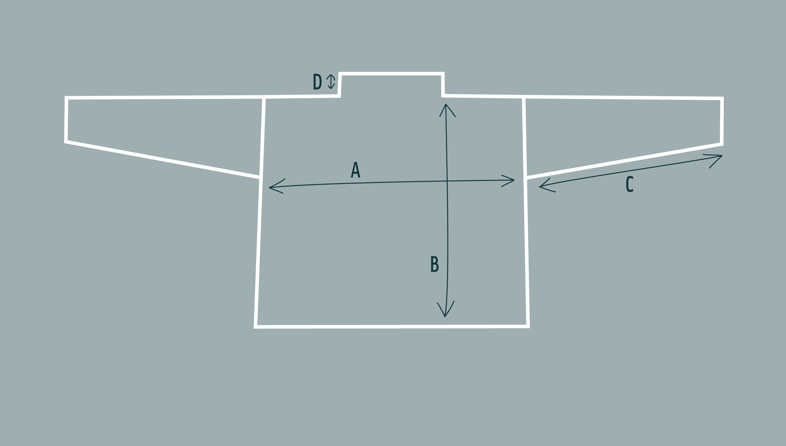 Diagram of boxy jumper with a high neck. Drawn in white on blue.