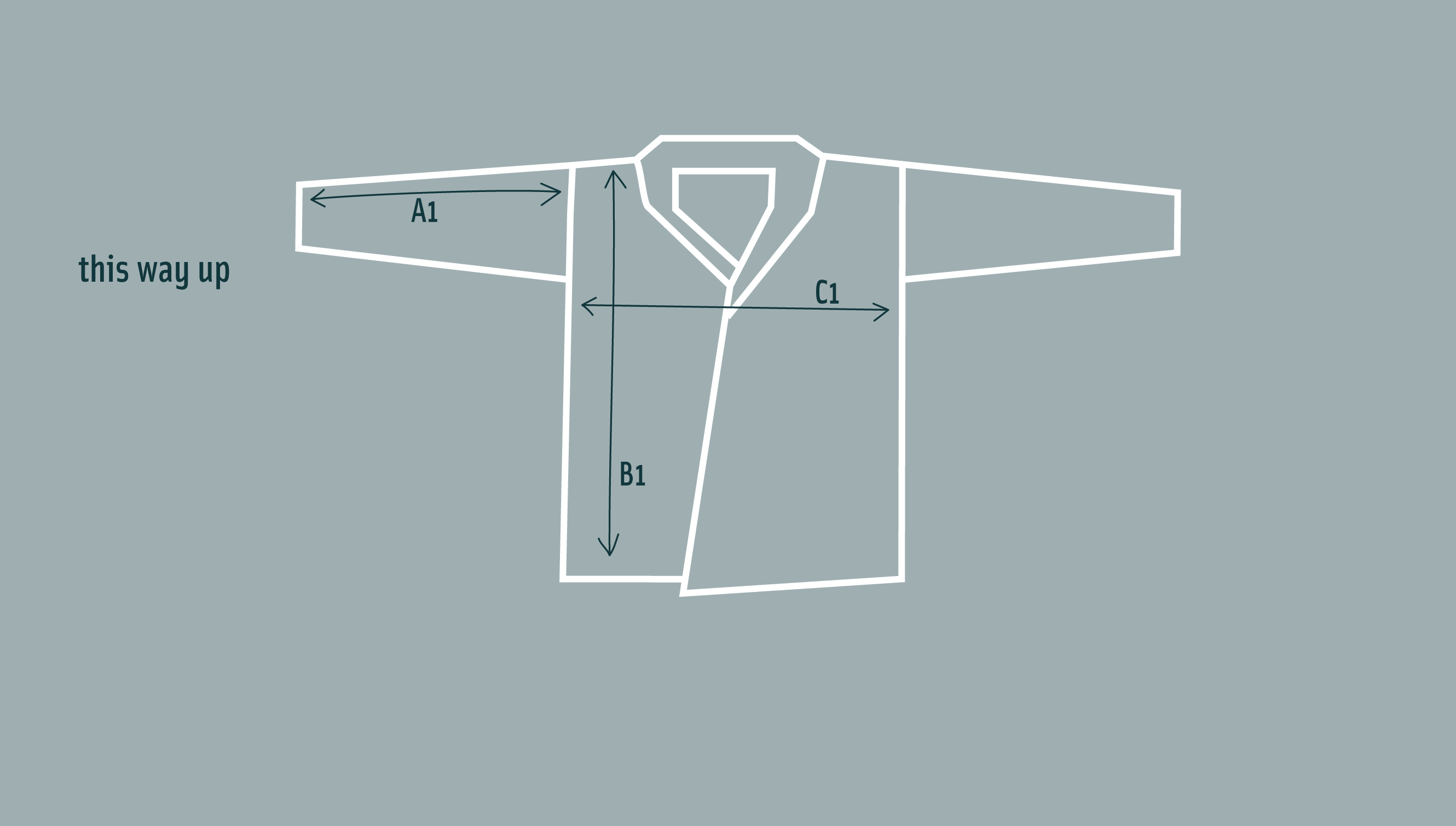 Diagram of rigg long vaarie jacket laid flat to show shape