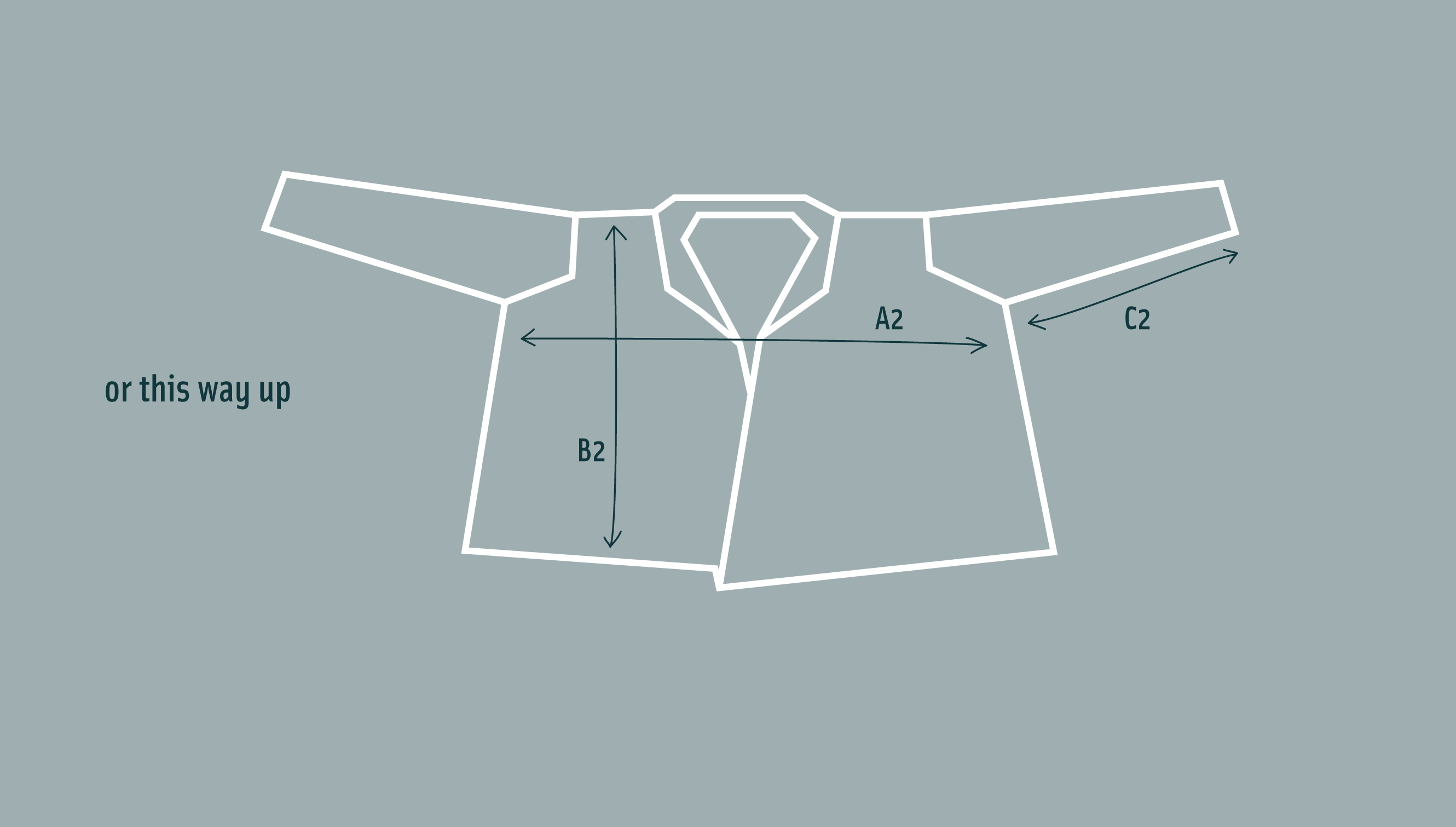 Diagram of long vaarie jacket laid flat, to show shape if worn upside down - to give a slouchier style