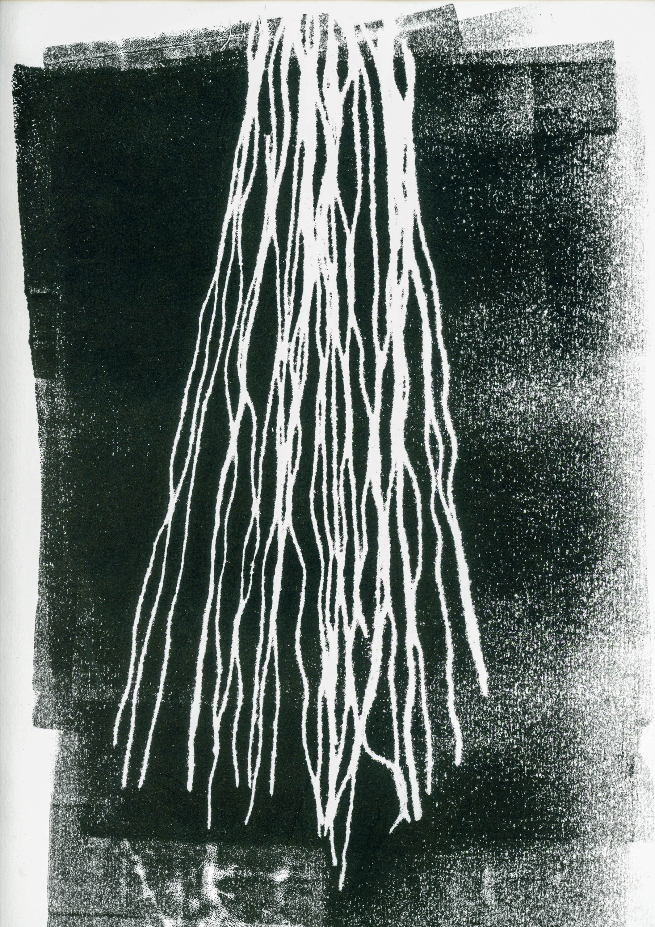 A monoprint in black ink with flowing lines in white travelling down the page