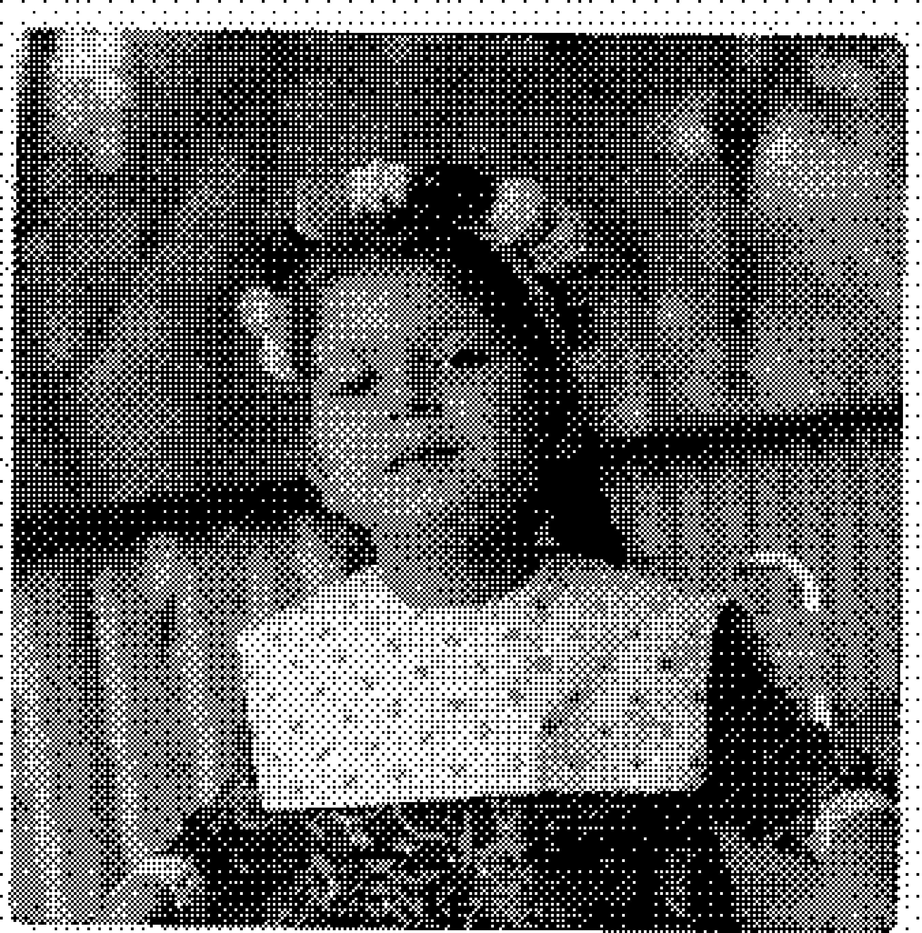 Archive photograph converted to dots - a portrait of a young girl in a black and white photograph, wearing a square-bibbed dress and flowers in her hair