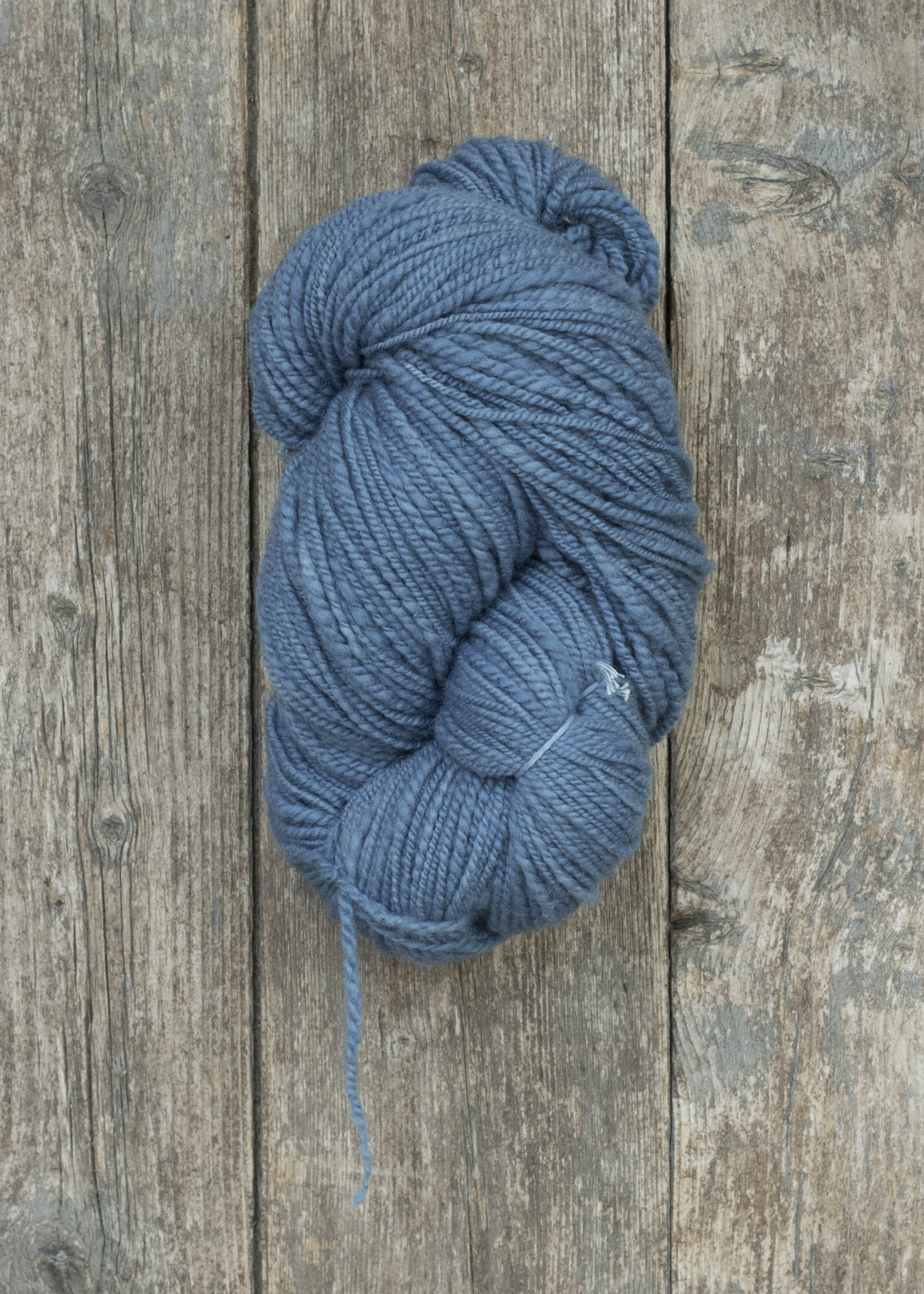 hand-spun yarn, hand-dyed with natural indigo. Shetland and Polwarth fleece blend