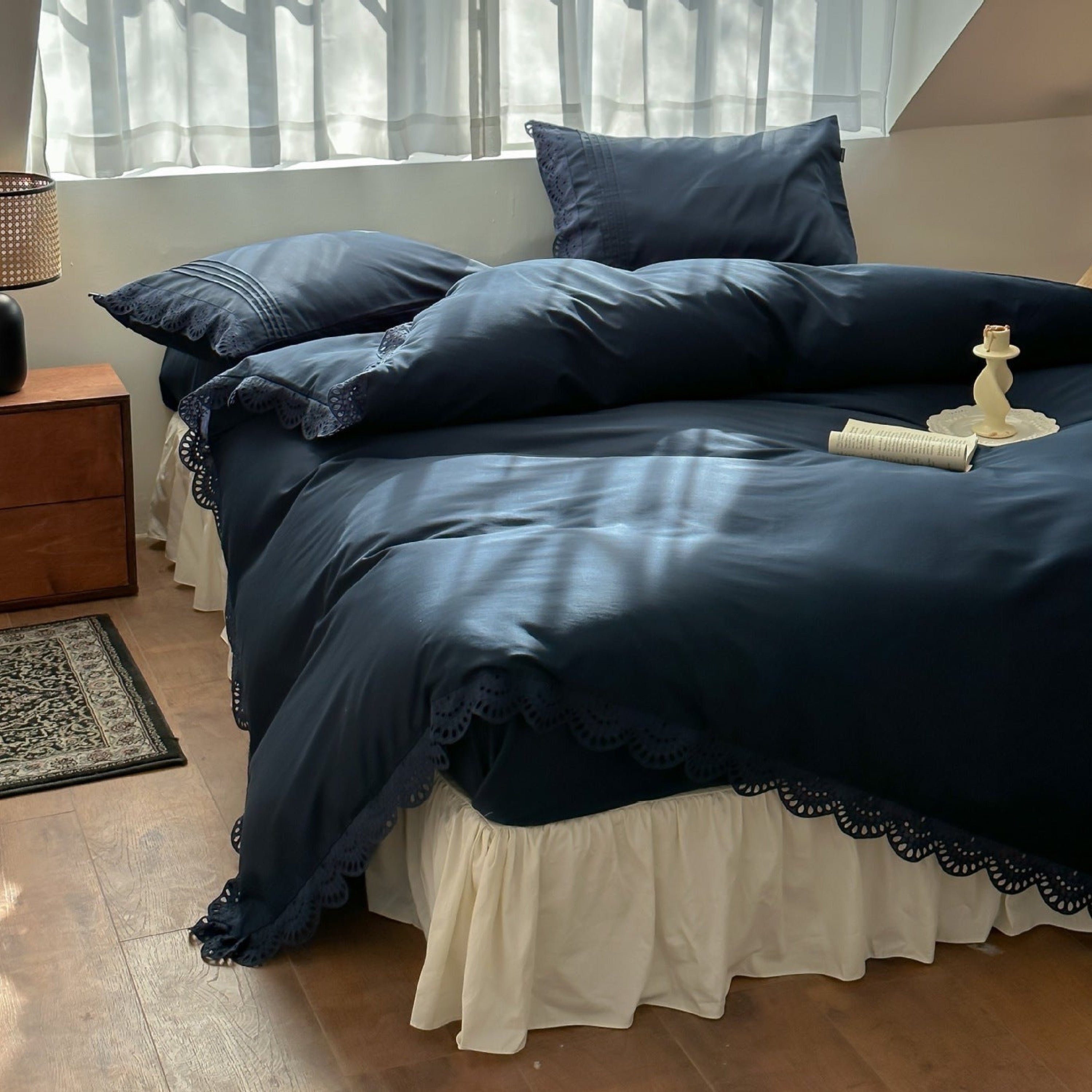 French Lace Floral Ruffle Bedding Set / Royal Blue