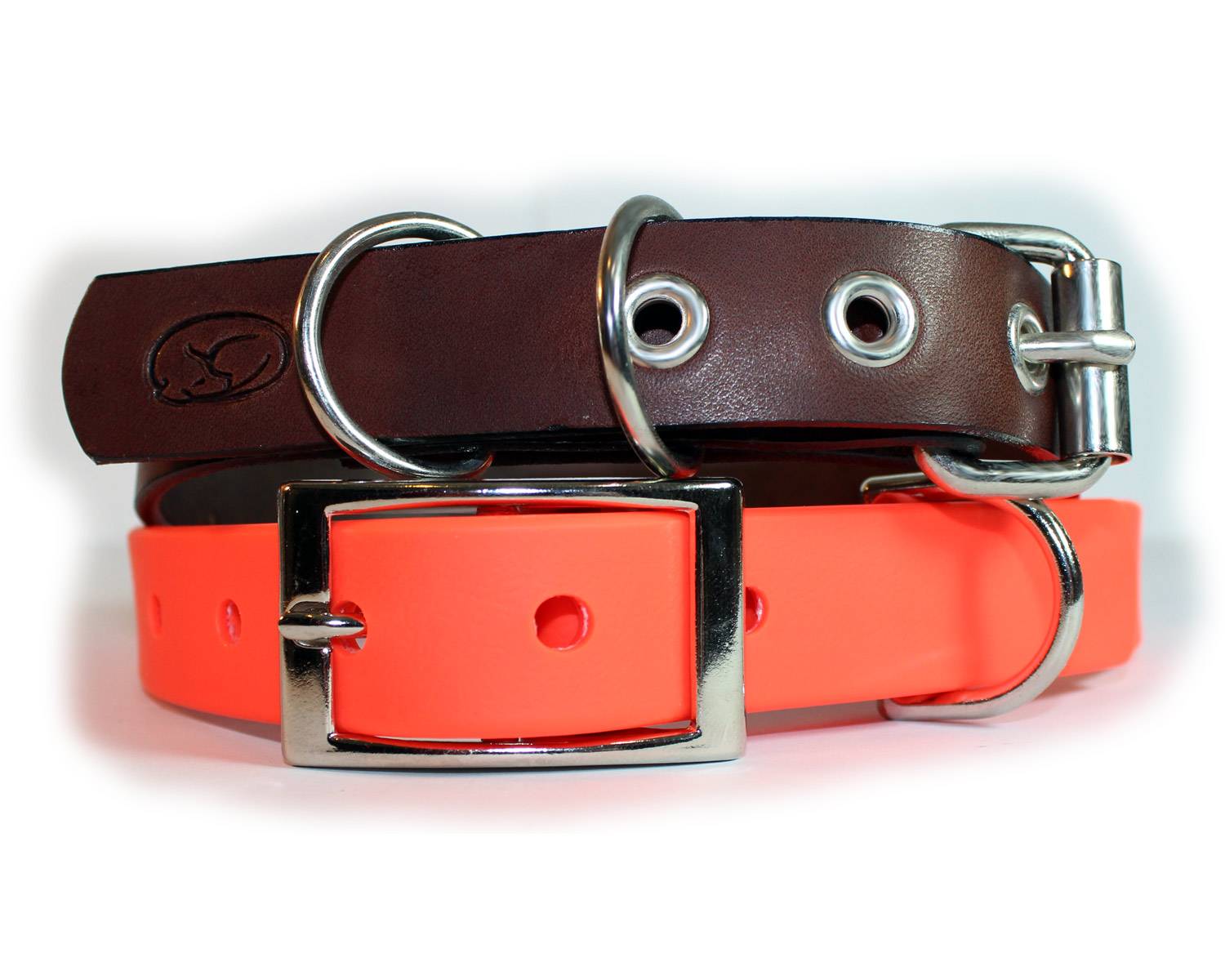Photo of a leather collar and a waterproof collar