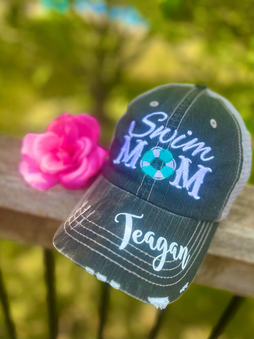 Swim hats Swim mom Swim hair dont care Embroidered distressed trucker caps Personalizable name number BLING