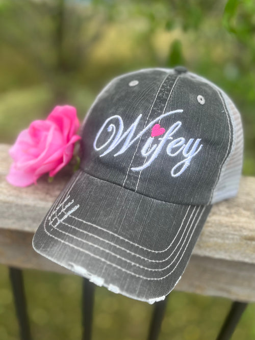 Hat Wifey Embroidered distressed womens trucker cap Pink heart Bride Wife Love Marriage Wedding Shower