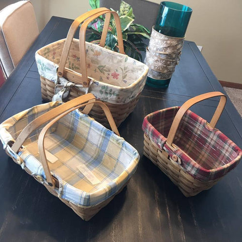 Longaberger Baskets. 1- Medium market. 1- Pantry/Small gatherings. 1-Spring basket.