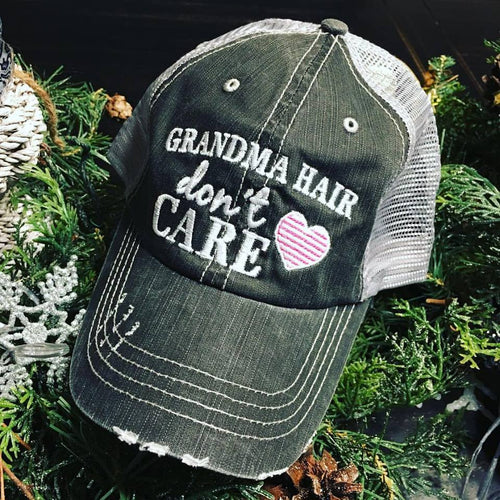 Hats { Grandma hair don't care } {Nana hair don't care } OR { Mimi hair don't care } Distressed • Trucker • Embroidered • Heart