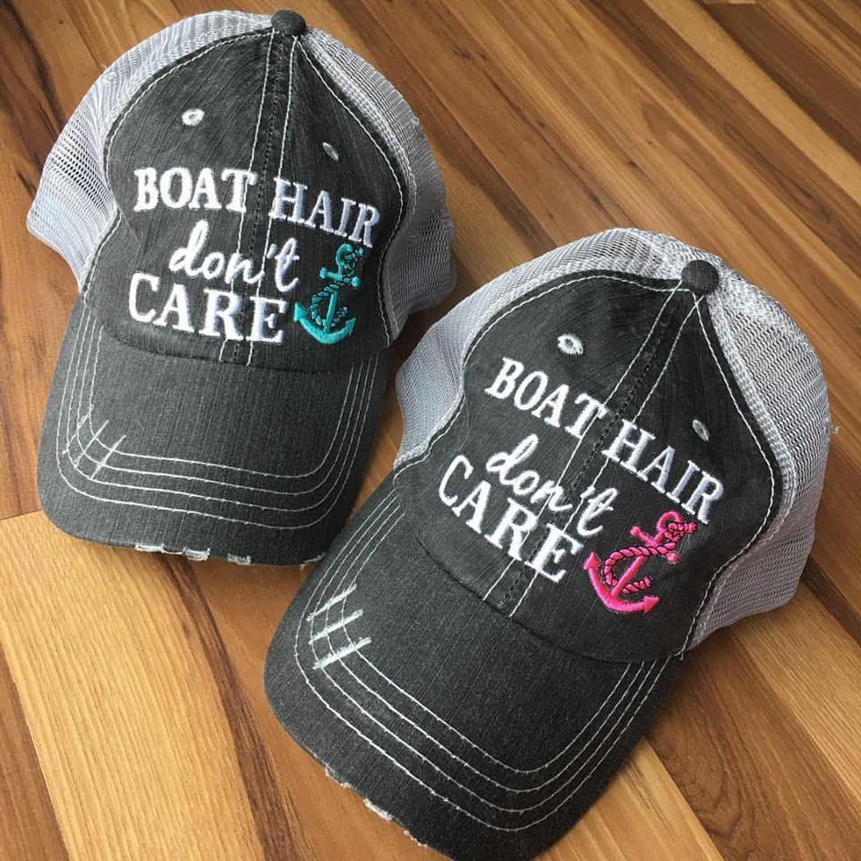 Boat Hats Boat Hair Dont Care Free Ship Are Embroidered Distressed Gray Trucker Hats Anchors Pink Teal Boating Hat. Boat Hair Dont Care. Pink Anchor.