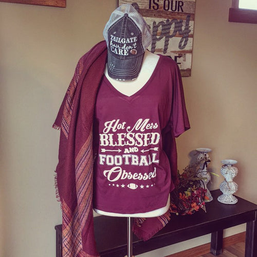 T-Shirt { Hot mess Blessed and Football Obsessed } Wine, Black, Red or blue. S-XXL