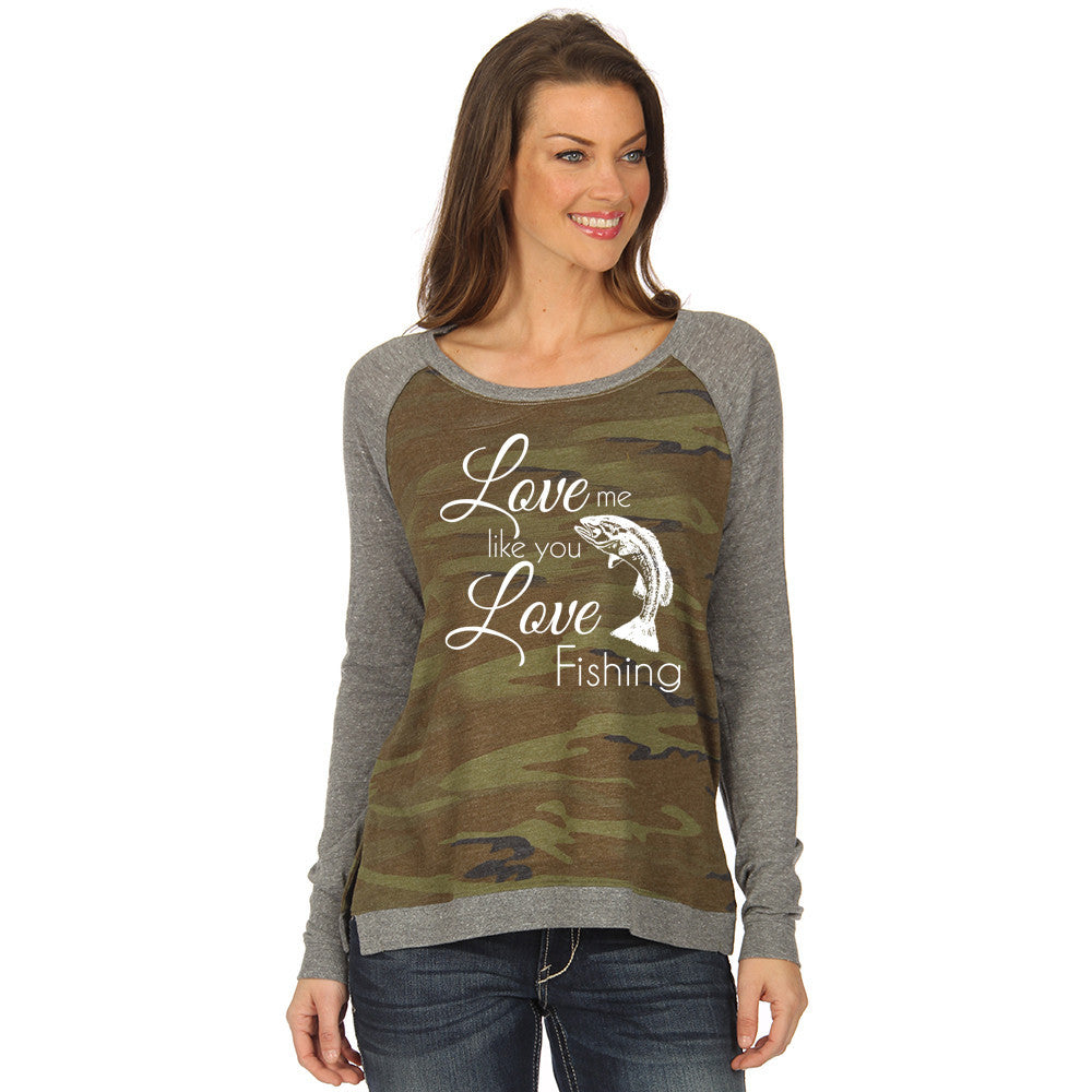 Tshirts, Tank, Long Sleeve and Hats {Love Me Like You Love fishing} Camoflauge Greens. Fish. Tshirt. Gray. M.