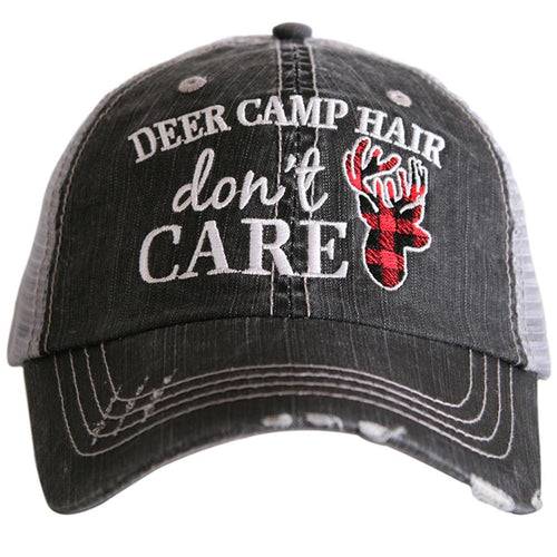 Hat { Deer camp hair don't care } Gray w/ buffalo plaid deer. Embroidered distressed trucker cap with adjustable Velcro and hole for pony. Adjustable.