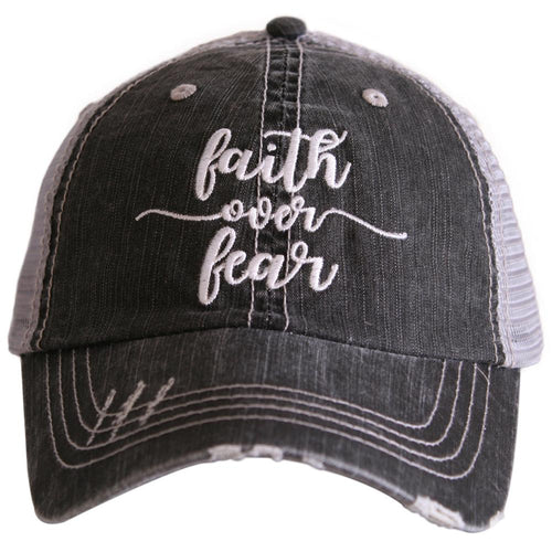 Faith over fear hat | Embroidered gray distressed trucker cap | God Pray Jesus Cross