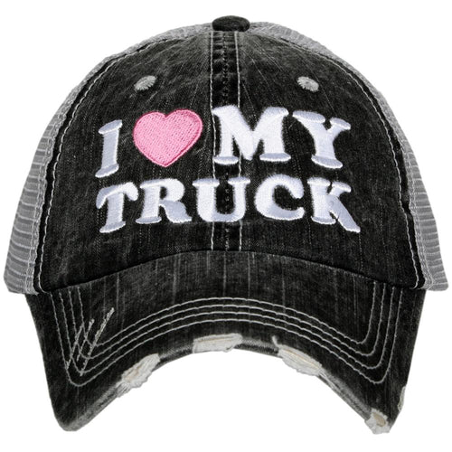 Hat { I love my truck } Gray with pink heart. Embroidered. Distressed vintage trucker cap. Adjustable velcro.