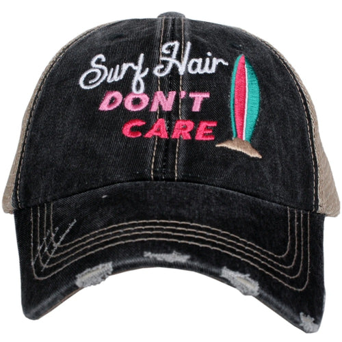 Surfing Hats Surf hair dont care Teal or black Embroidered distressed gray trucker cap  Surfboard Palm tree Beach