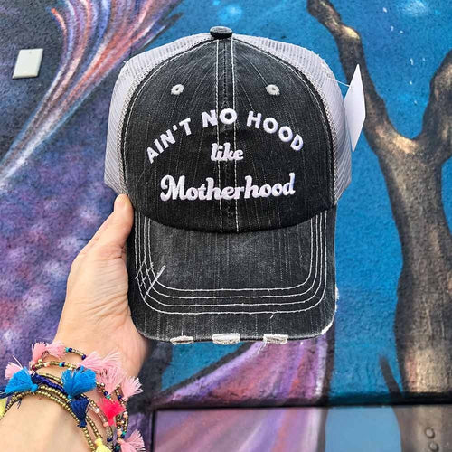 Aint no hood like motherhood Hat Embroidered distressed gray womens trucker cap Mom Mama