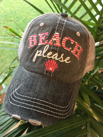 Hats. Beach please. Gray with pink OR teal letters and shell. Unisex embroidered distressed trucker cap with adjustble velcro and hole for pony.