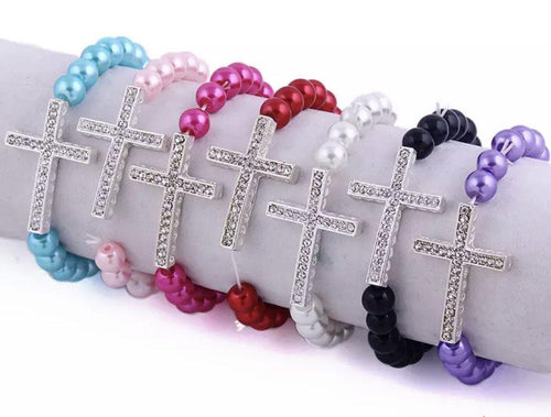 Bracelet { Cross } Stretch. Assorted colors. Beaded. Pearl. Silver. Blue • Pink • Red • White • Black • Fuchsia