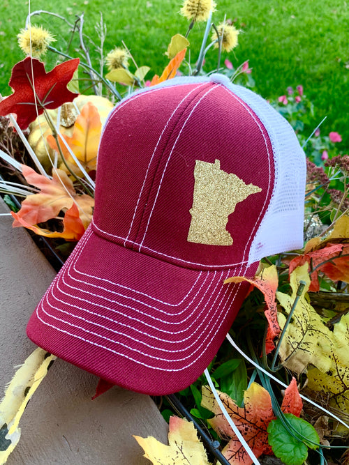 Minnesota Golden Gophers hat Maroon white gold glitter state of Minnesota Trucker cap