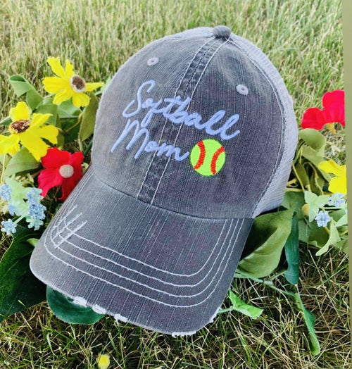 Softball mom hat Embroidered distressed gray women’s trucker cap