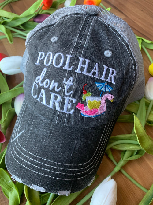 Pool hats Embroidered gray distressed unisex trucker caps Pool hair dont care Pool please Flamingos Flip flops