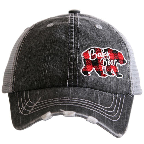 Baby bear kids hat | Gray trucker cap adjustable velkro | Red and black buffalo plaid bear | Unisex boys and girls