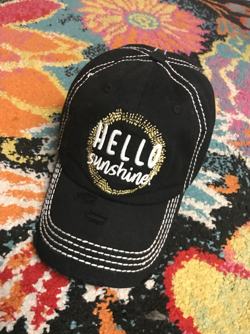 HELLO SUNSHINE hat Embroidered black distressed womens trucker cap