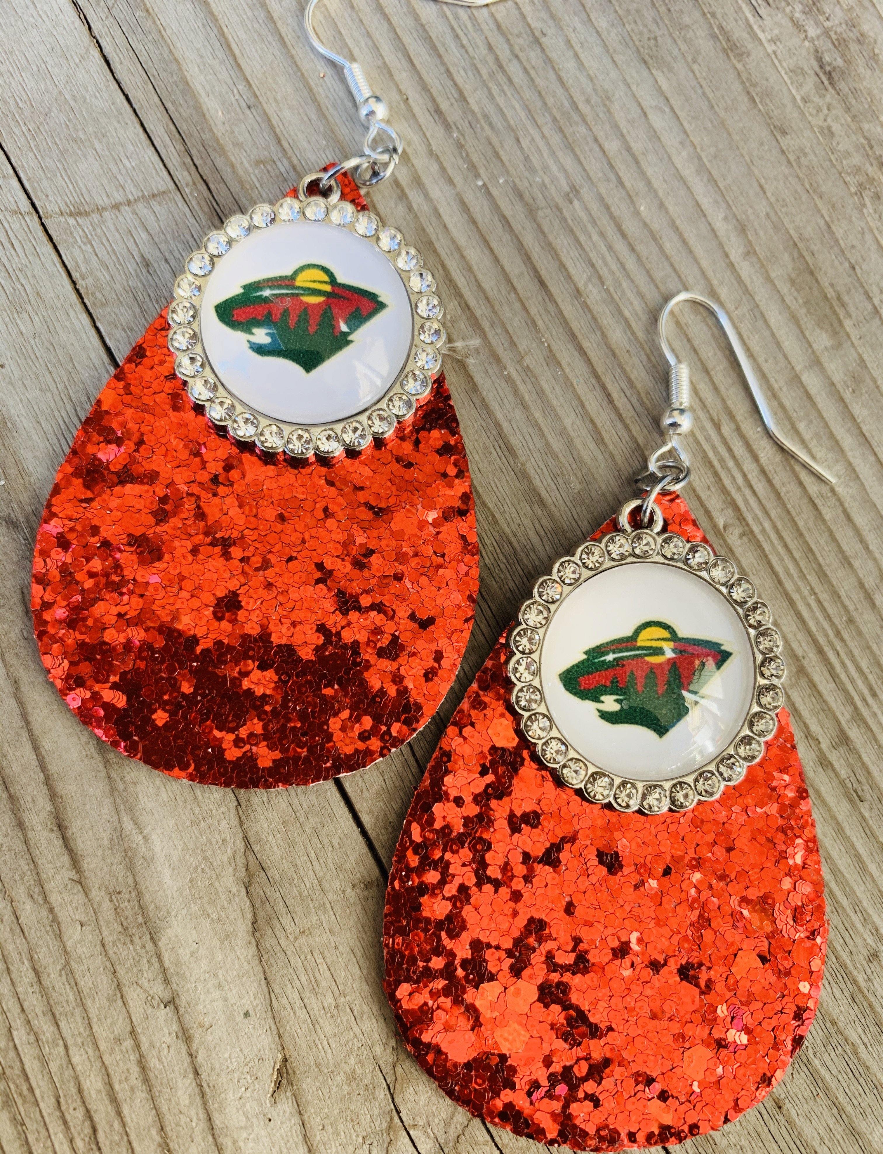 Earrings { Minnesota Wild } Hockey Red Glitter.